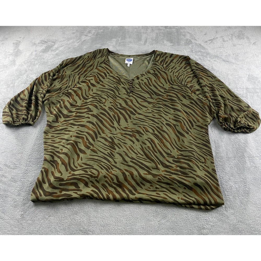 DG2 Diane Gilman Olive Green Zebra Print V-Neck Blouse 3/4 Sleeve Large